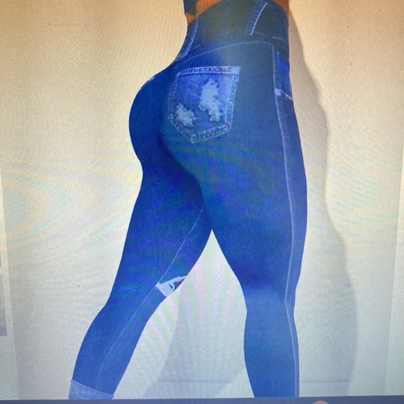 Flamingo Denim Look High Waisted Sports Leggings-Cobalt Size 2XL(14/16) - Picture 8 of 8